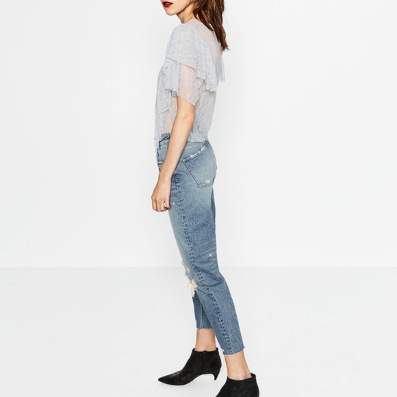 ZARA Blue Gray Ruffle Lace Cropped Top - Picture 2 of 10